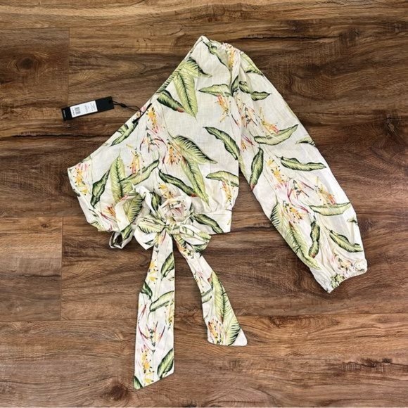 BCBGMAXAZRIA Romantic Linen blend One shoulder Belted Long Sleeve top Size L NWT - Picture 4 of 14